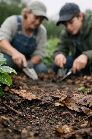 Two people kneeling in a damp garden, gently scraping away leaf litter to observe the rich, moist soil after rain, photographed at ground level in soft, natural light.