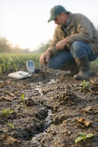 Moist farm soil with visible earthworm burrows and plant debris, agronomist observing water infiltration in the background