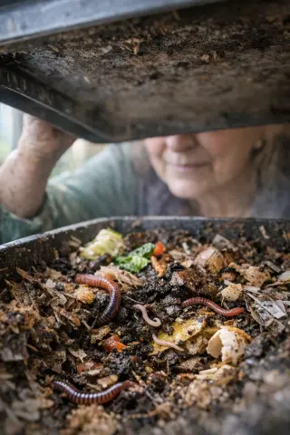 Hand lifting the corner of a worm composter, revealing a close-up of layered organic material and cohabiting worms in a softly-lit, authentic garden setting.