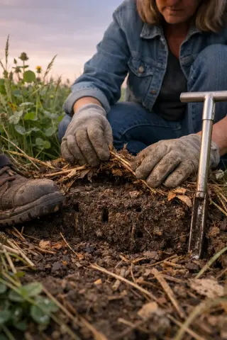 A low-angle shot of an agronomist inspecting soil near cover crops at dawn, gloved hands lifting mulch to reveal burrows and organic matter, soft natural light and a calm, real-world atmosphere.