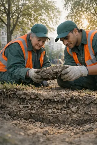 Municipal workers examining exposed soil with horizontal tunnels in a city park, early morning light, apartment buildings in background