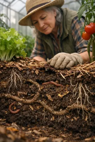 Woman horticulturist in a greenhouse examines soil layers and earthworm burrows among vegetable roots, with natural morning light and a grounded, authentic atmosphere