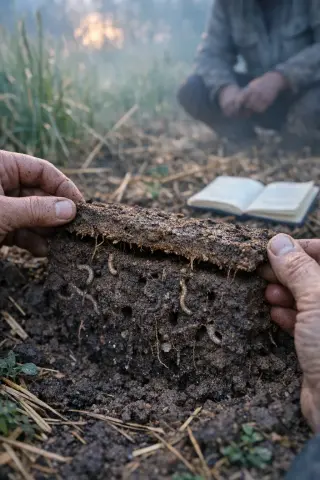 In a community garden shed, an elderly woman in gardening gear examines intersecting earthworm burrows and plant debris on a soil work table, with scientific diagrams nearby, all softly lit by natural daylight.