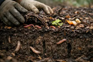 Layered garden soil with visible mulch and worms, hands gently lifting organic cover, suggesting interaction between surface and deep earthworms in a moist, real setting.