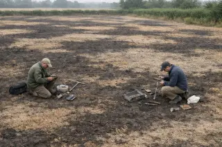 Landscape shot of an agricultural field at dawn with two agronomists sampling soil, showing natural patches of diverse soil types under soft overcast light.