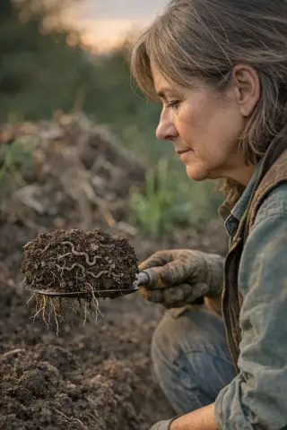 Mature woman in work clothes carefully examining soil structure with a trowel in a vegetable garden at dusk, earthworm tunnels subtly visible, soft natural light and an authentic, calm atmosphere.