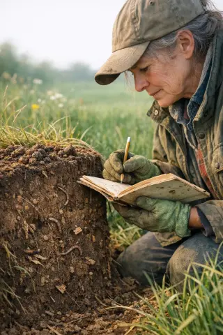 Agronomist kneeling in grass by a cut earth block, taking notes while observing visible worm traces and soil structure, in soft natural light at the edge of a rural field.