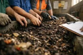 Municipal workers inspect and turn organic substrate in an industrial composting trough inside a softly lit, functional community facility.