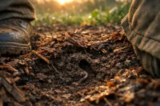 Mulched garden bed with partially exposed soil showing crumb structure and an earthworm tunnel, edges include a worn boot and jacket sleeve, in soft sunrise light.