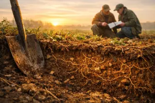 Exposed cross-section of soil in a field at dawn, revealing subtle tunnels and organic fragments, with two researchers kneeling in discussion nearby under gentle, golden light.