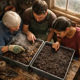 Three people of different ages examine side-by-side trays of hot compost and vermicompost in a softly sunlit garden shed, focusing on the materials without looking at the camera.