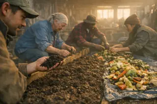Small group of farmers sorting organic waste and inspecting compost in a rustic farm workshop at sunrise, focused on their task with natural, soft lighting.