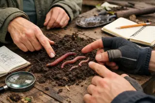 Hands of diverse individuals compare earthworms of different sizes and colors on a soil-covered workbench, surrounded by field tools and notes under soft natural daylight.