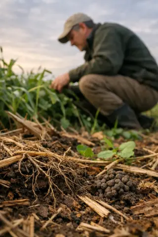 Close-up of soil with plant roots, cover crop remains, and earthworm castings; a kneeling agronomist inspects the ground in a lush field at dawn.
