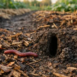 Morning macro view in a garden, showing a surface earthworm among mulch and footprints, with a burrow and turricule nearby.