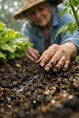 Older woman applying fine vermicompost at base of garden plants, focus on rich soil texture and fungal threads, in softly lit, natural garden scene.
