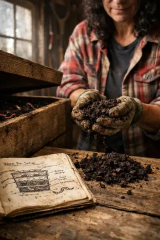 Compost evaluation scene in a garden shed, with a vermicomposting bin, scattered rich soil, an open notebook, and a gardener's gloved hands assessing compost texture in soft natural light.