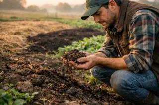Agronomist examining layered soil in a diverse field at dawn, showing different organic matter zones under soft natural light.