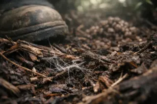 Soil close-up under mulch with decomposing organic matter, fungal threads, earthworm casts, and part of a gardener's boot, in soft morning light.
