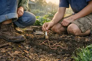 Two people of different ages kneeling in a damp, mulched community garden at sunrise, gently brushing soil to expose interconnected earthworm tunnels, surrounded by subtle gardening details and natural debris.