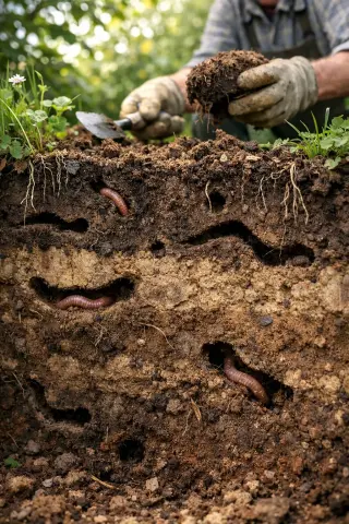 Soil cross-section in a natural garden showing worm tunnels, with an older gardener's hand and tool working gently in the background under soft sunlight.