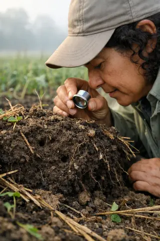 Agronomist closely inspecting earthworm burrows and castings in field soil at sunrise, surrounded by cover crops