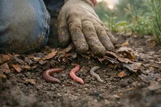 Gloved gardener’s knees and boots beside a garden bed at dawn, gently brushing through leaf litter to reveal several earthworms of different types in moist soil, surrounded by wild plants.