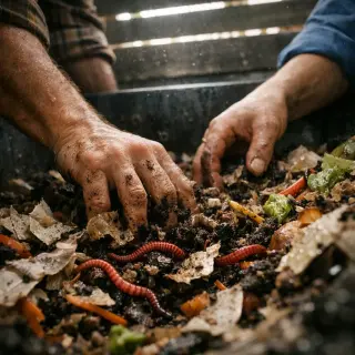 Inside view of a compost bin as two gardeners' arms mix organic matter, with two types of red worms visible among the textured, moist substrate in soft, natural light.