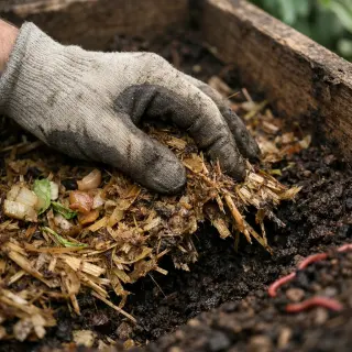 Hand adjusting damp straw and compost in a wooden bin, subtle appearance of earthworms, natural garden light.