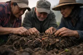 Farmers closely examining clumps of soil on a rainy morning field, focusing on natural earthworm diversity, captured in a candid, low-angle style.